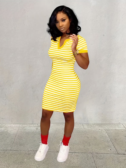 Women's Striped Bodycon Notched Neck Dress