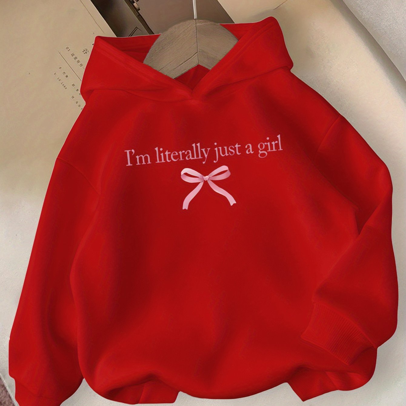 Girls' Autumn/Winter Hooded Sweatshirt  with "I'm Literally Just a Girl" Print & Pink Bow