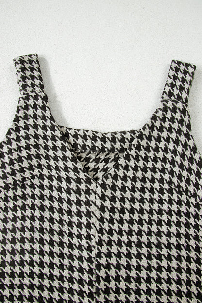 Khaki Houndstooth Print V Neck Sleeveless Mini Dress