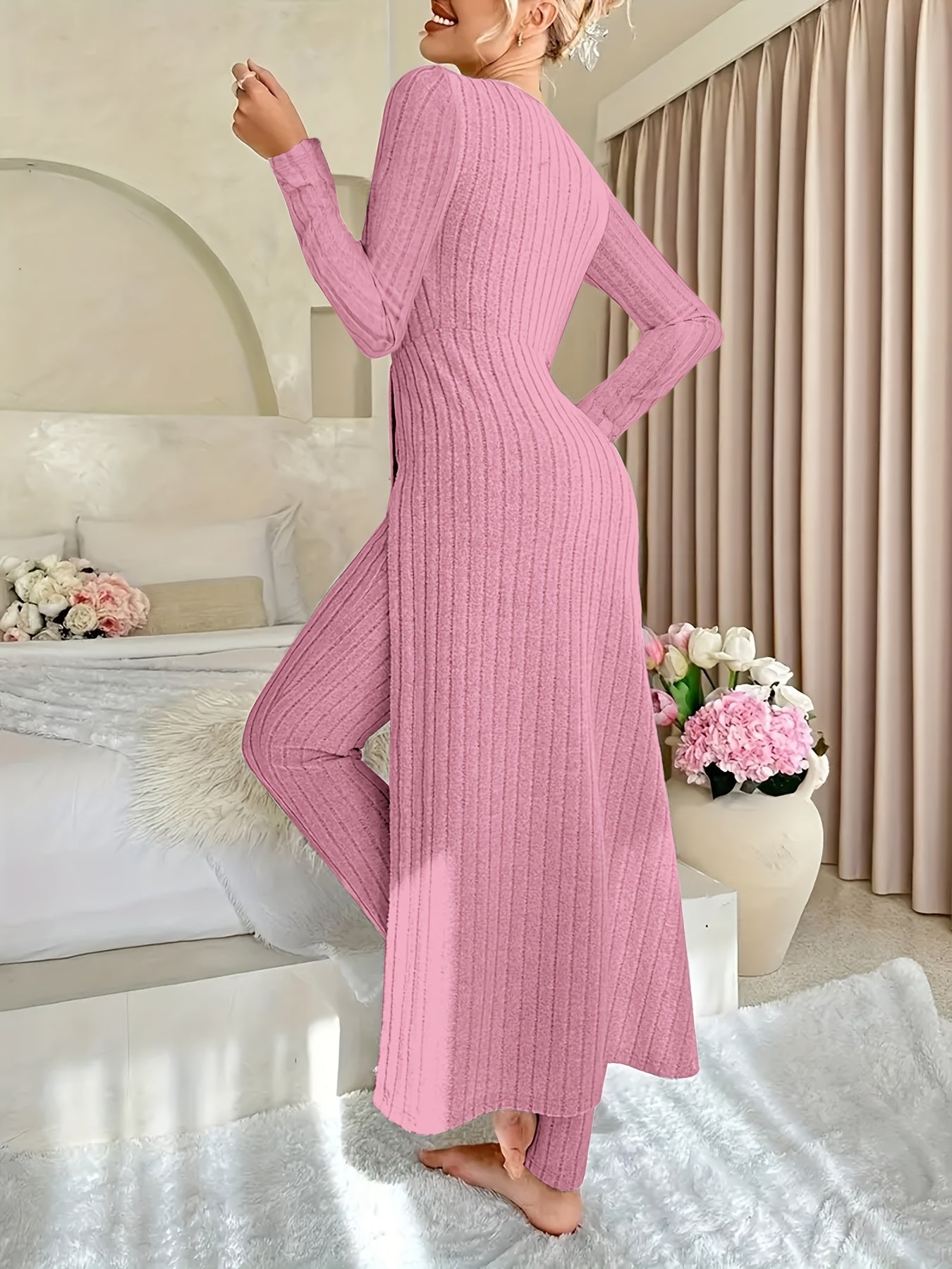 Ribbed Two-Piece  Long-Sleeved Top and Pants Set