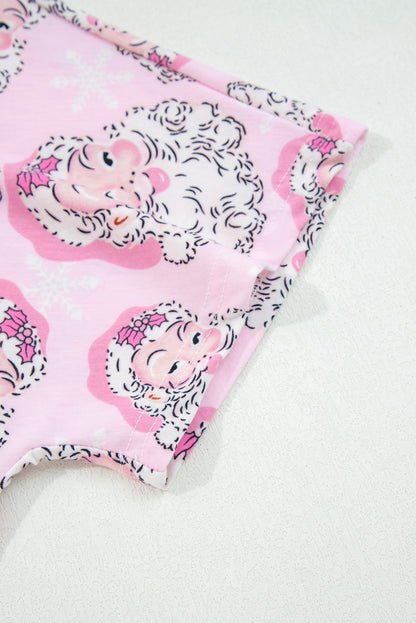 2pcs Pink Santa Claus Print V Neck Tee Drawstring Pants Lounge Set