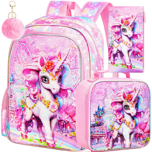 16" 3Pcs Unicorn Backpack Sequin School Bookbag for with Lunch for Elementary/Preschool/Kindergartener(Pink)