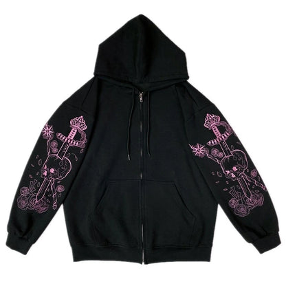 Y2K Grunge Punk Butterfly Print Oversize Zip Up Hoodies