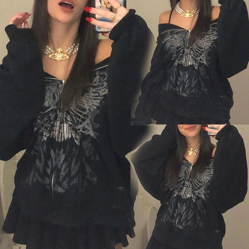 Y2K Grunge Punk Butterfly Print Oversize Zip Up Hoodies