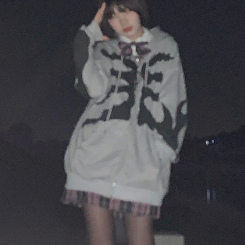 Y2K Grunge Punk Butterfly Print Oversize Zip Up Hoodies