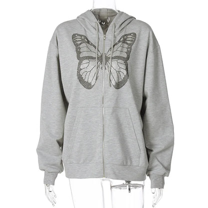 Y2K Grunge Punk Butterfly Print Oversize Zip Up Hoodies