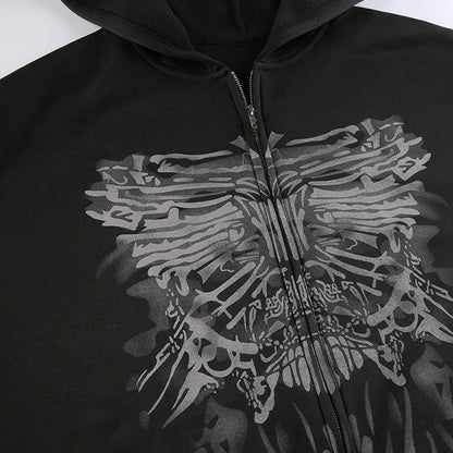 Y2K Grunge Punk Butterfly Print Oversize Zip Up Hoodies