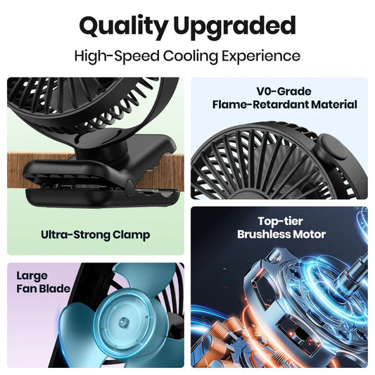 TOPK USB Clip on Desk Fan Brushless Motor Powerful Airflow Sturdy Clamp Ultra Quiet Portable Mini Personal Fan Office Bedroom