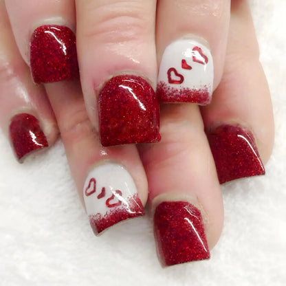 Y2K Girls Black French Press On Nails Pink Love Heart/Dot