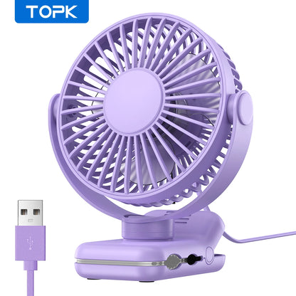 TOPK USB Clip on Desk Fan Brushless Motor Powerful Airflow Sturdy Clamp Ultra Quiet Portable Mini Personal Fan Office Bedroom