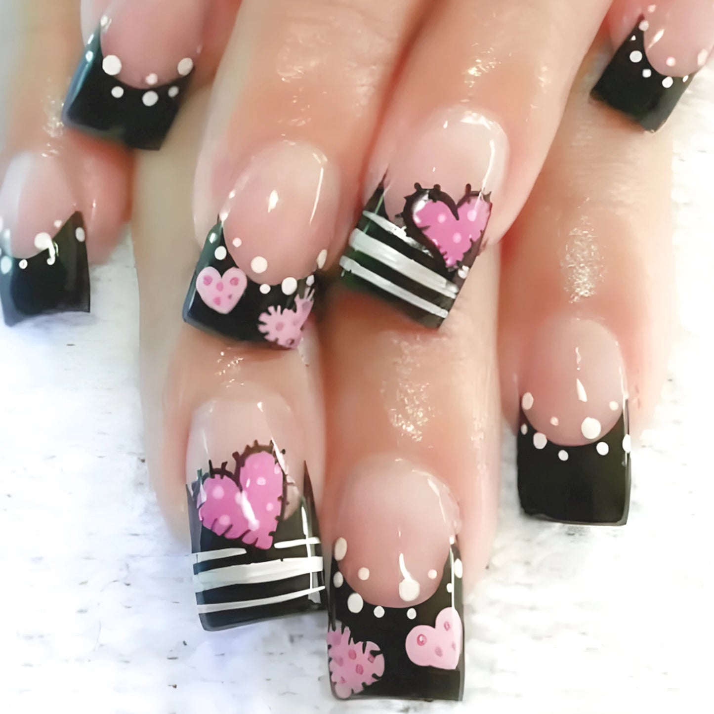 Y2K Girls Black French Press On Nails Pink Love Heart/Dot