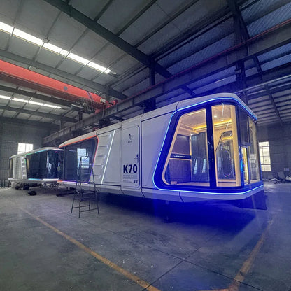 Space capsule room with kitchen and wheels