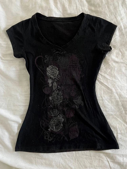Y2k Aesthetic Flower Printing Women Grunge T-shirts Vintage Slim Harajuku Causal Black Tshirts 2025 Summer Bottoming Crop Tops