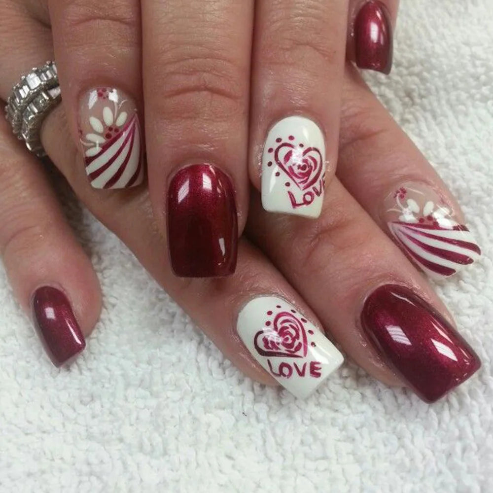 Y2K Girls Black French Press On Nails Pink Love Heart/Dot