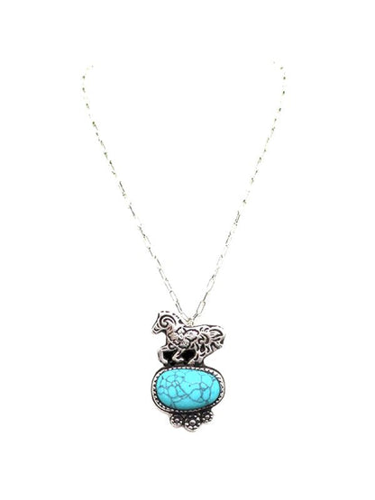Western Etched Running Horse Turquoise Pendant Necklace