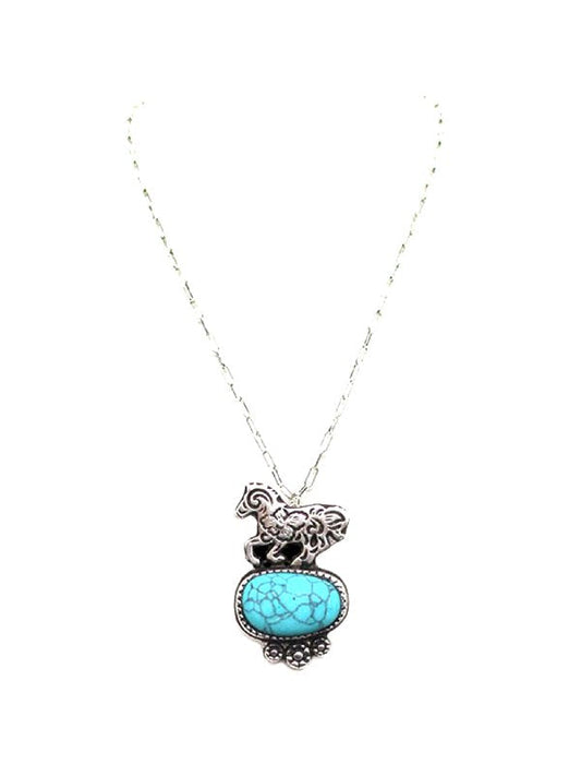 Western Etched Running Horse Turquoise Pendant Necklace