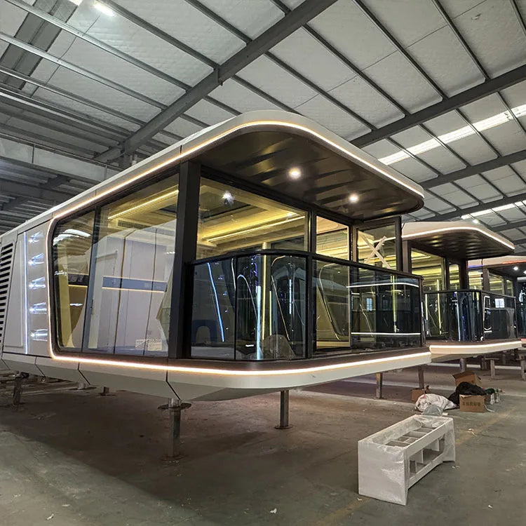 Space capsule room with kitchen and wheels