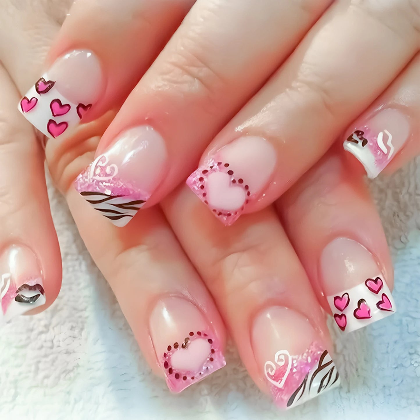 Y2K Girls Black French Press On Nails Pink Love Heart/Dot