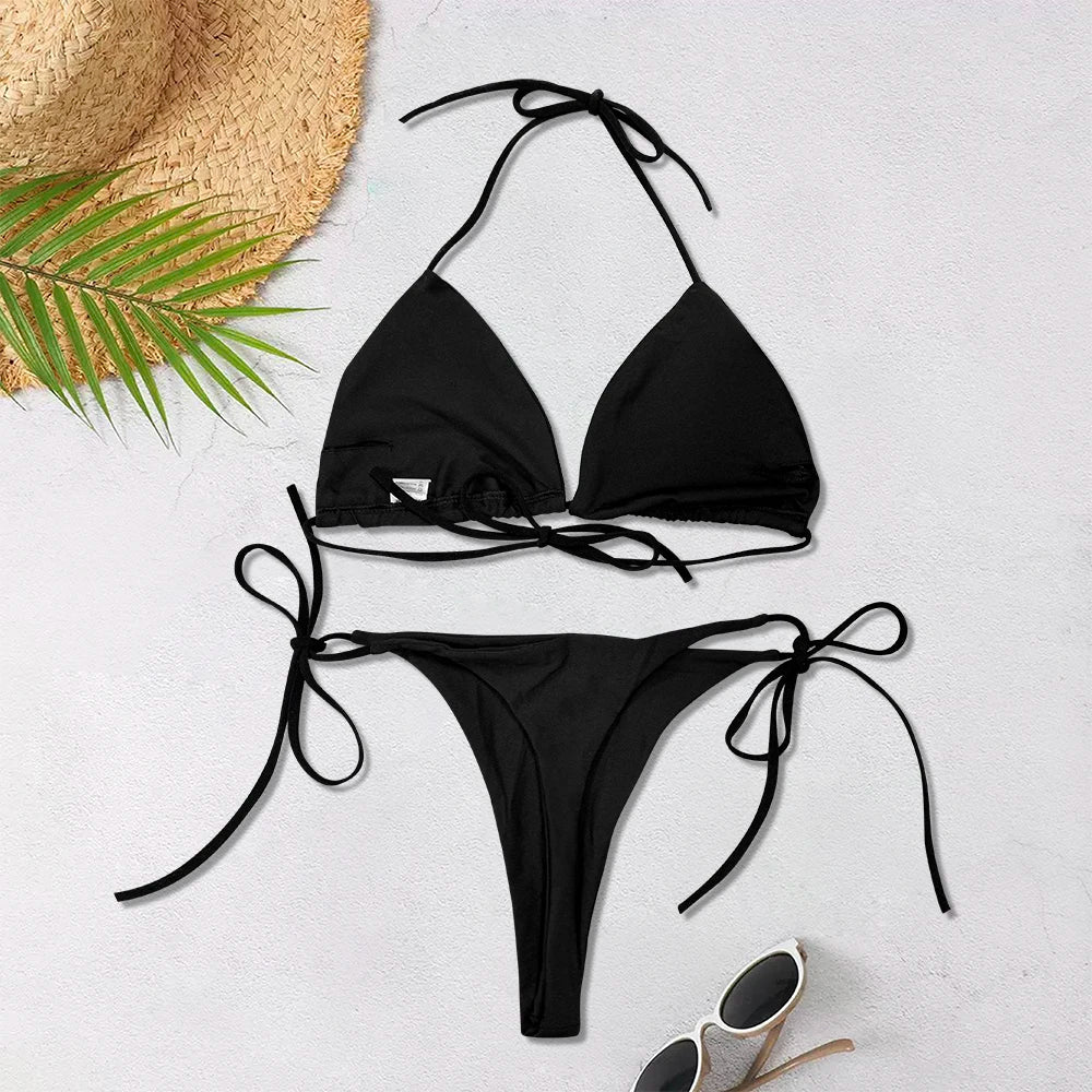 Women's Solid-Color Halter Three-point  Backless Adjustable Bikini