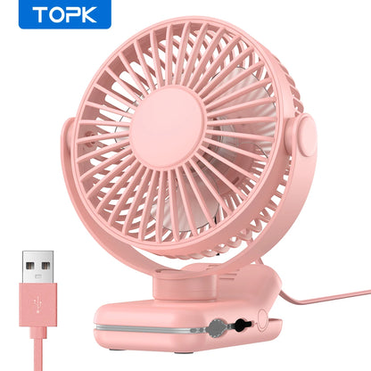 TOPK USB Clip on Desk Fan Brushless Motor Powerful Airflow Sturdy Clamp Ultra Quiet Portable Mini Personal Fan Office Bedroom