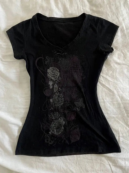 Y2k Aesthetic Flower Printing Women Grunge T-shirts Vintage Slim Harajuku Causal Black Tshirts 2025 Summer Bottoming Crop Tops