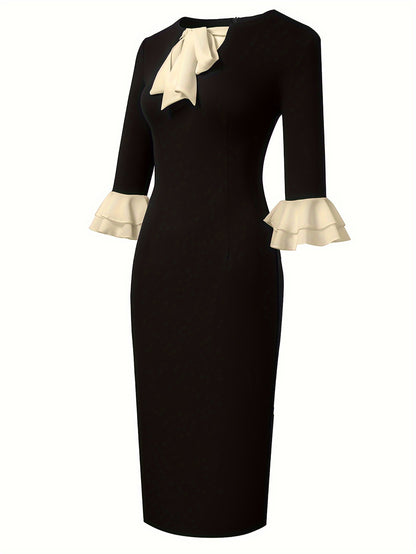 Elegant Contrast Trim Tie Neck Bodycon Dress
