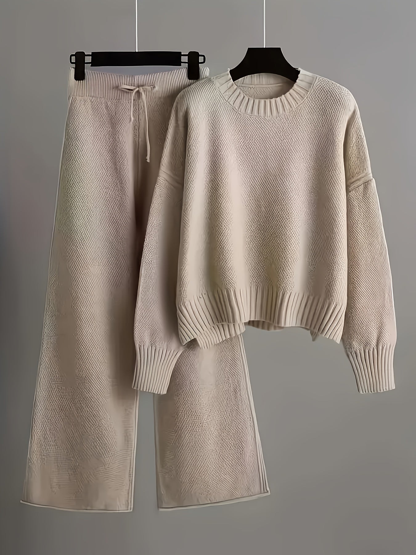 2pcs Women's Soft Casual Elegant Round Neck Sweater & Wide-Leg Pants Set