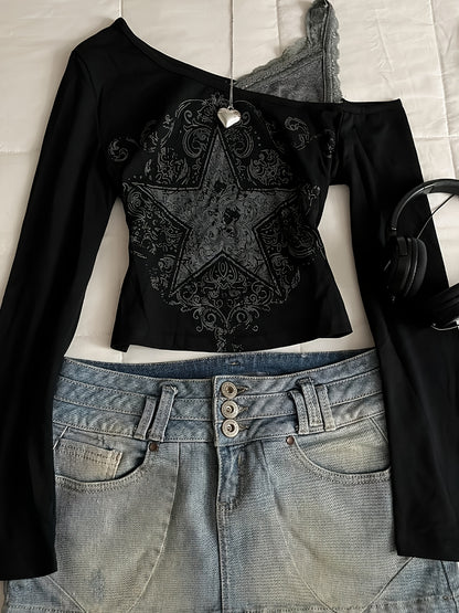 Y2K Off-Shoulder Long Sleeve T-Shirt with Sun,Moon and Stars