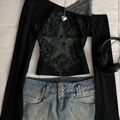 Y2K Off-Shoulder Long Sleeve T-Shirt with Sun,Moon and Stars