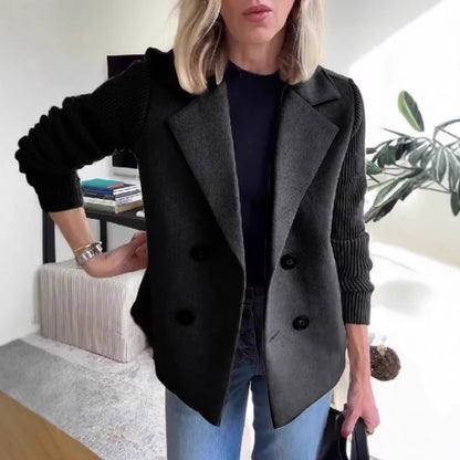 Women's Double Breasted Knitted Sleeves Lapel Jacket
