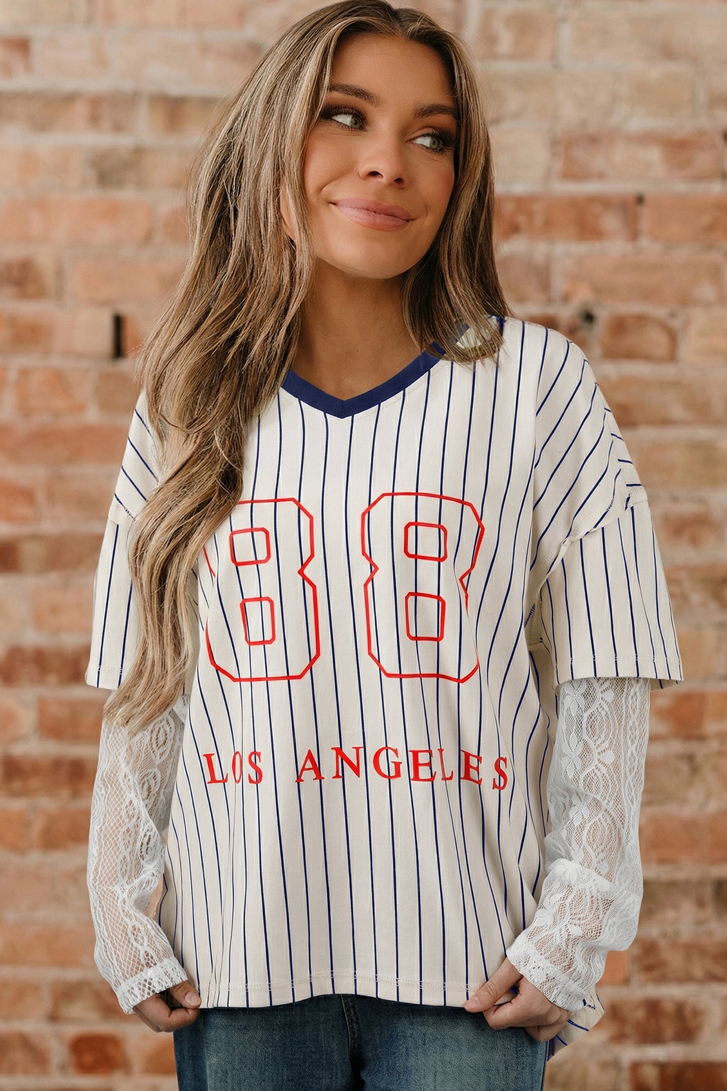 Blue Stripe 88 LOS ANGELES Graphic Lace Patchwork Faux Two Piece V Neck Top