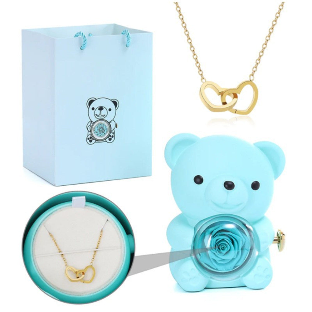 Double Engraved Heart and Simple Rose Necklace Gift