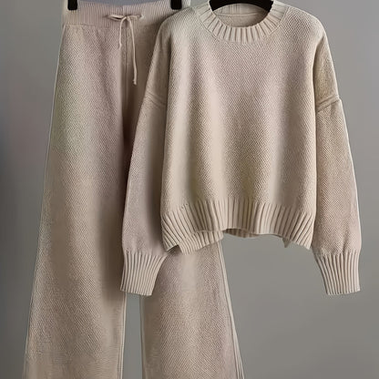 2pcs Women's Soft Casual Elegant Round Neck Sweater & Wide-Leg Pants Set