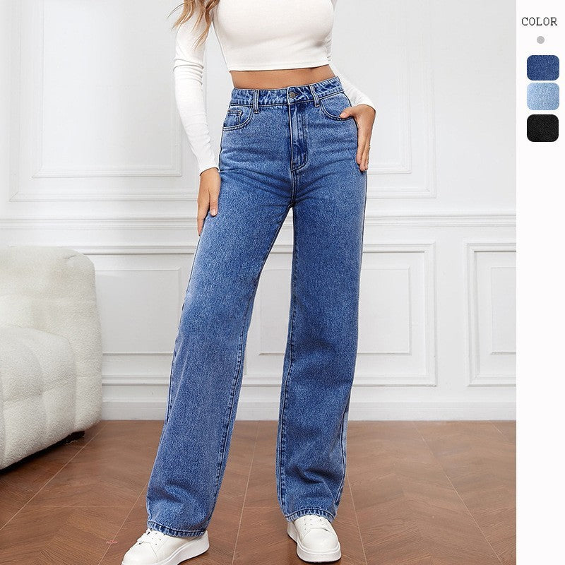 Women's Mid Waist Washed Straight Jeans