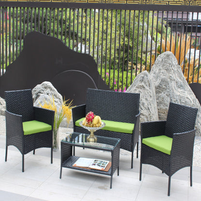 4 PCS Rattan Green Cushion Outdoor Patio Furniture Set