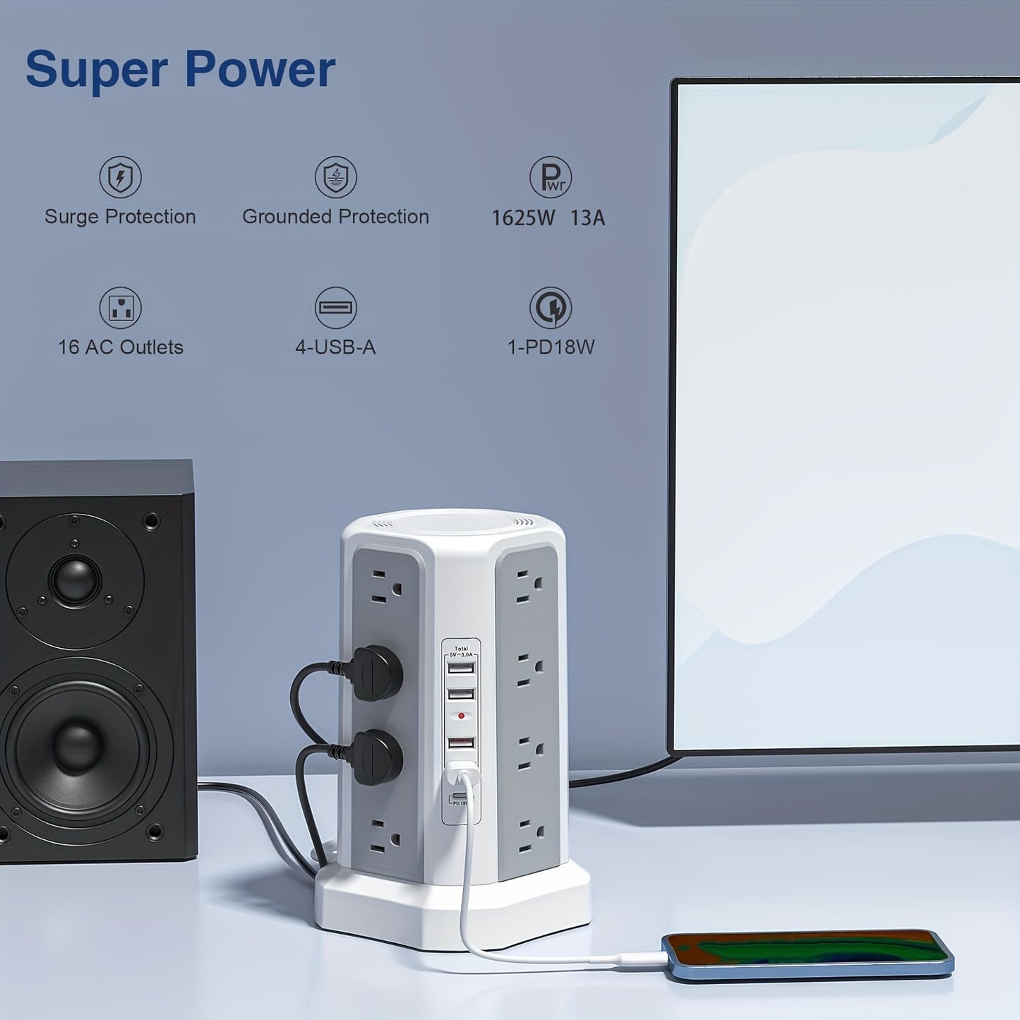 LEVEL 4 Upgraded 16 AC Outlets Power Strip Tower with USB/USB C Port