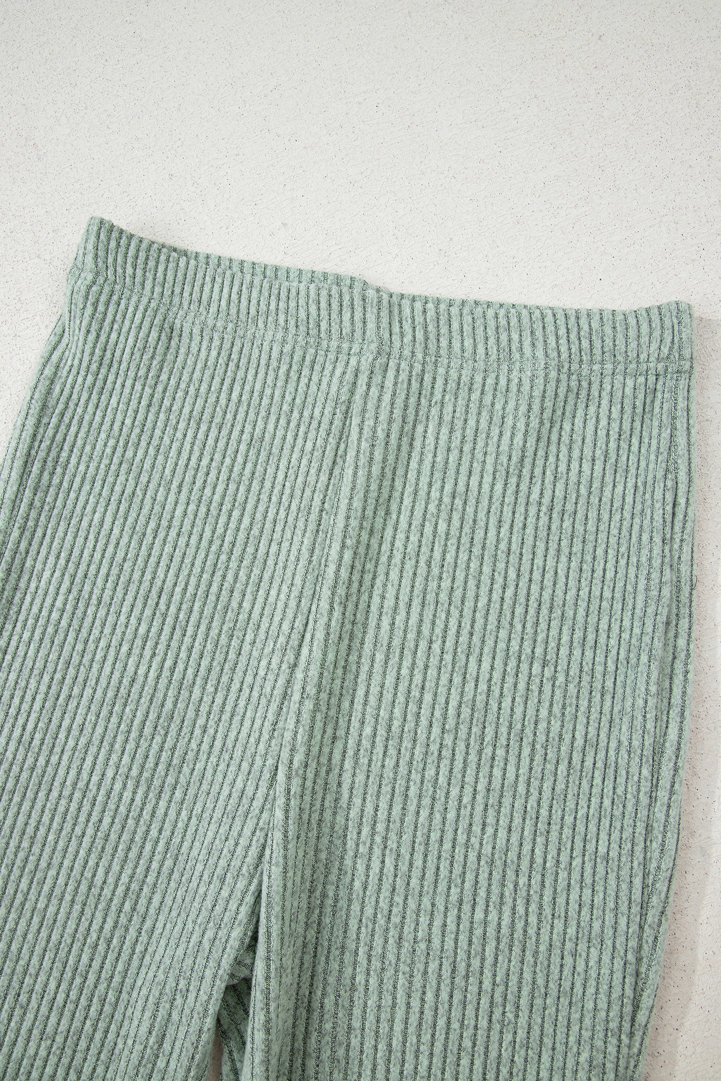 2pcs Grass Green Ribbed Notched Neck Knit Long Sleeve Leggings Lounge Set
