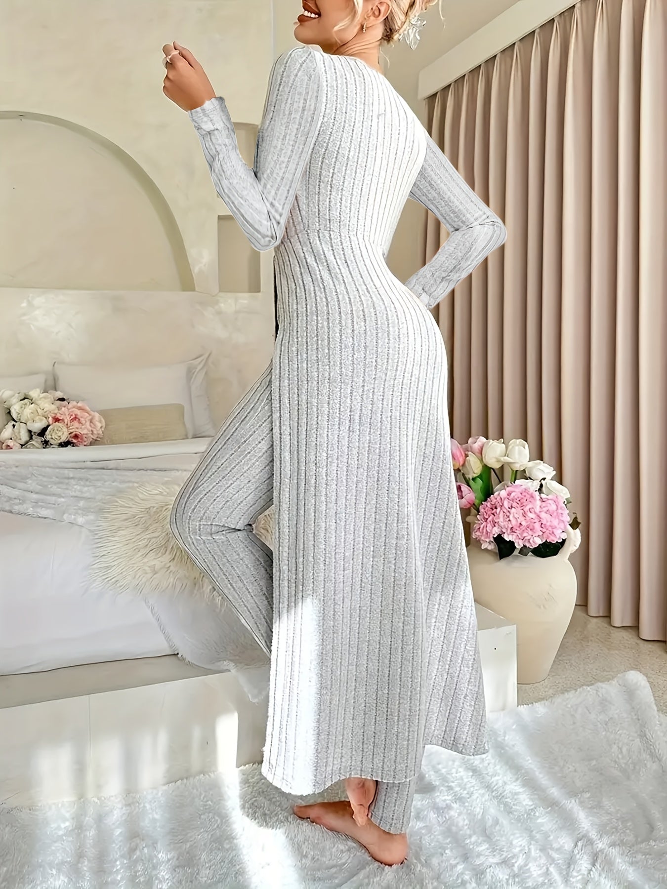 Ribbed Two-Piece  Long-Sleeved Top and Pants Set