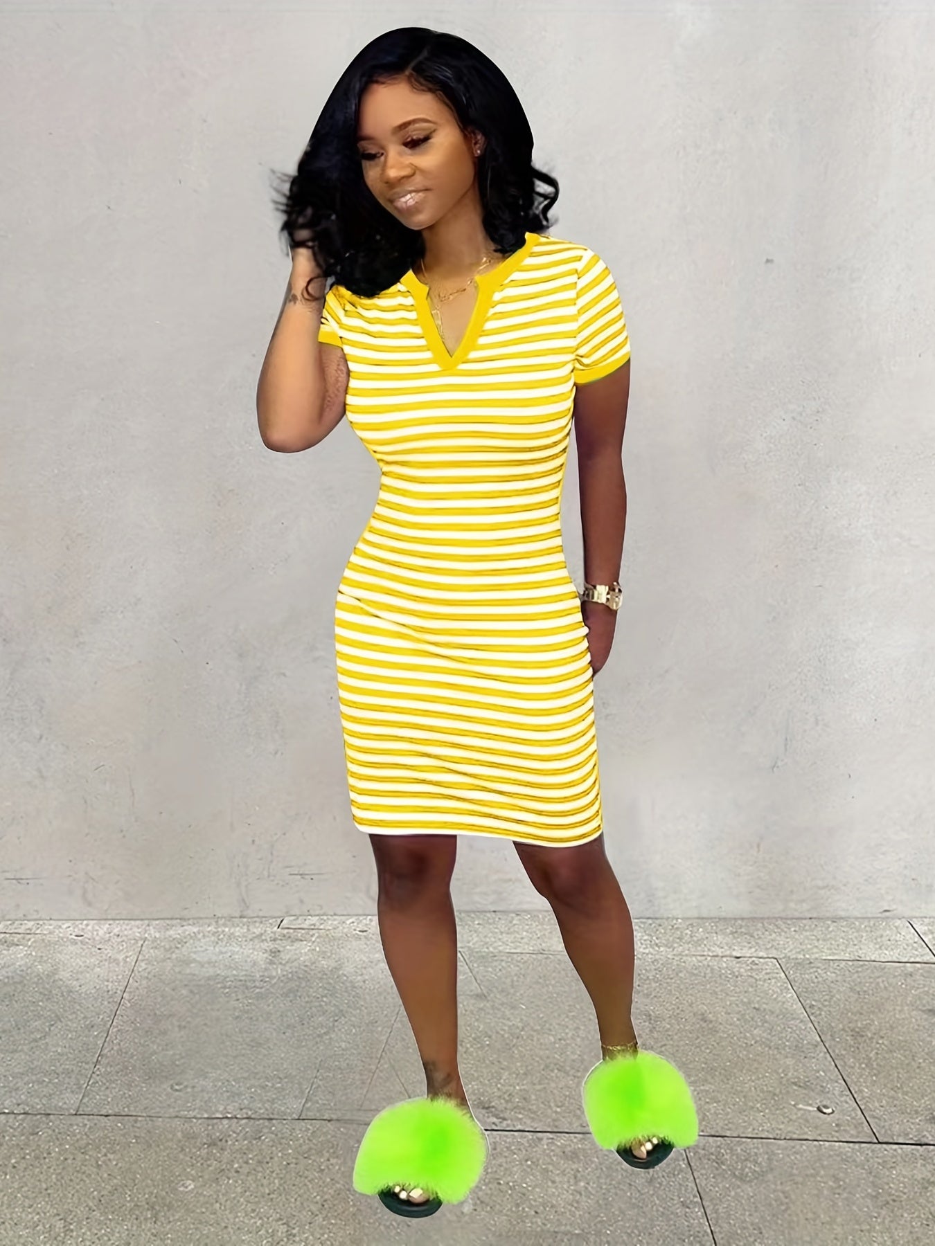 Women's Striped Bodycon Notched Neck Dress