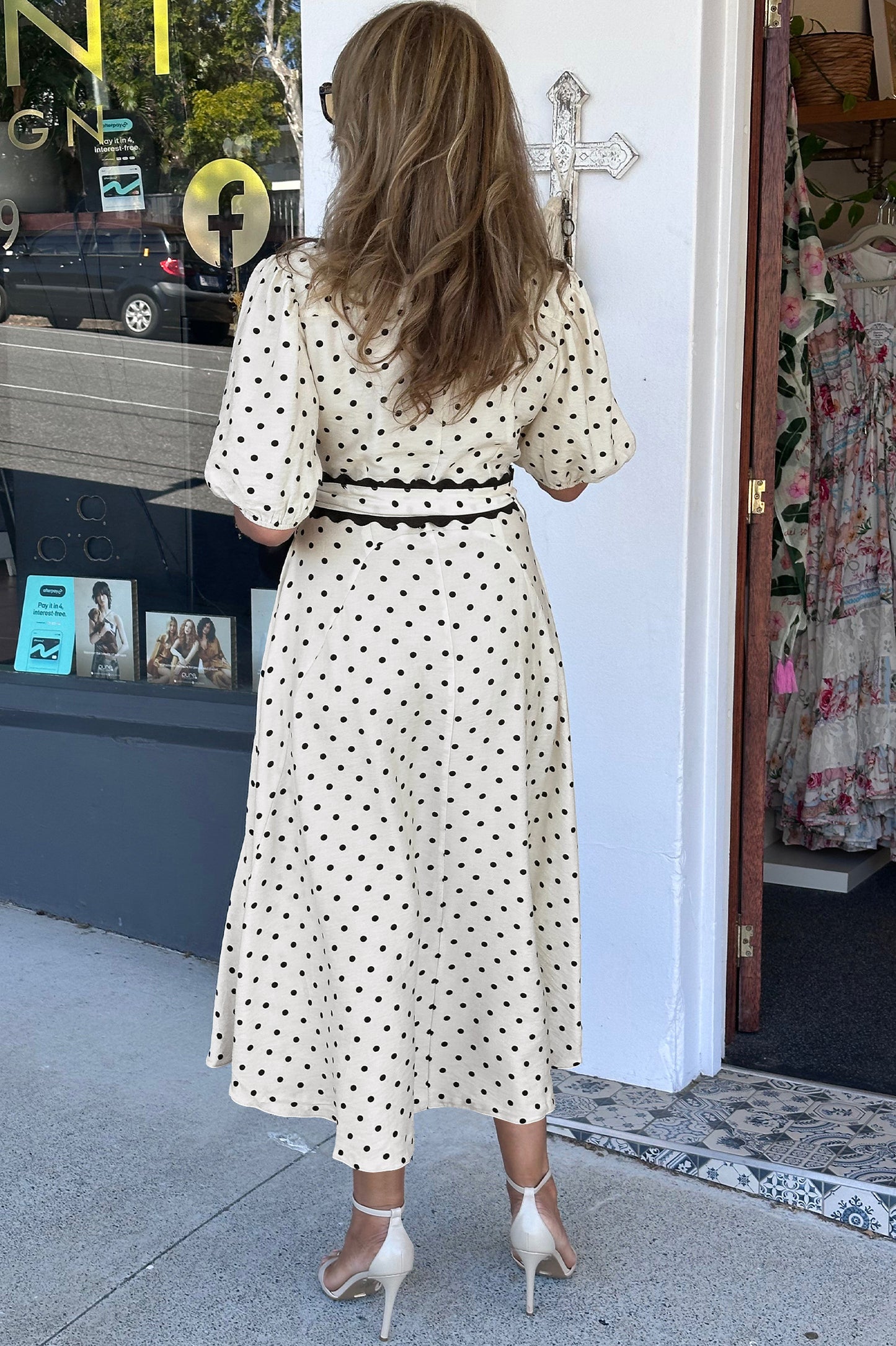 White Polka Dot Printed Contrast Midi Dress