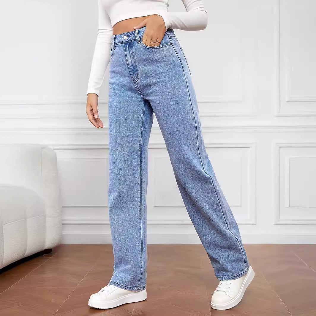 Women's Mid Waist Washed Straight Jeans