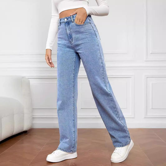 Women's Mid Waist Washed Straight Jeans
