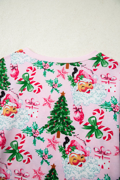 Pink Christmas Pattern Button V Neck Pullover Drawstring Pants 2pcs Lounge Set