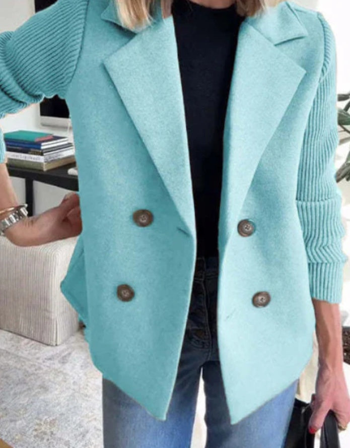 Women's Double Breasted Knitted Sleeves Lapel Jacket