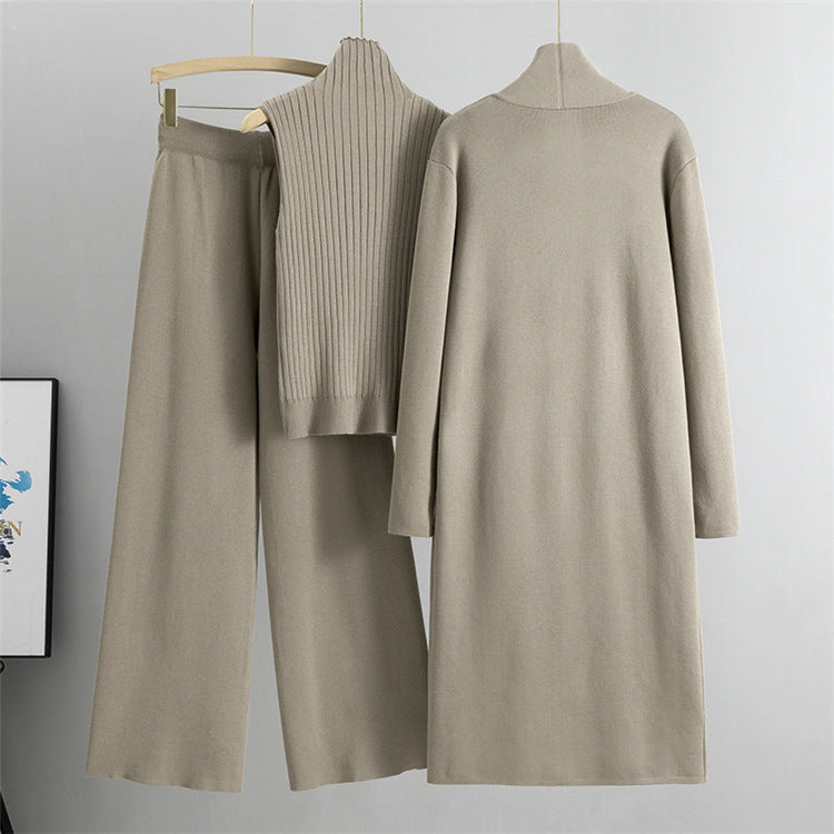 3pcs Women's Sleeveless Vest Sweater Long Cardigan And Wide-leg Pants Set