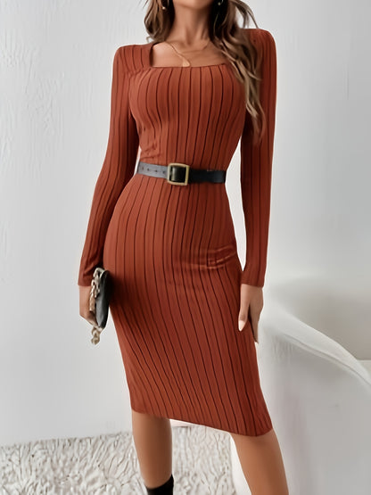Solid Color Ribbed Knit Bodycon Dress with a French Square Neckline