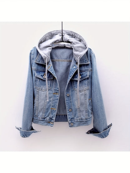 Women's Long Sleeve Denim Jacket with Removable Hood