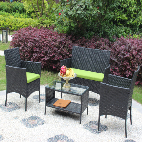 4 PCS Rattan Green Cushion Outdoor Patio Furniture Set