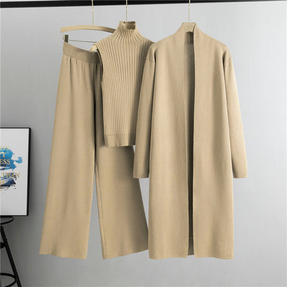 3pcs Women's Sleeveless Vest Sweater Long Cardigan And Wide-leg Pants Set