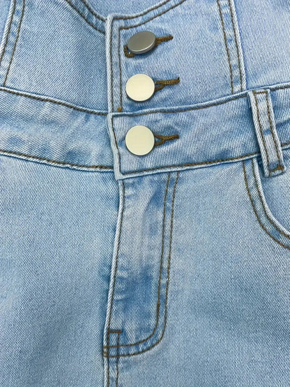 High Waisted Button Slim Fit Ripped Jeans